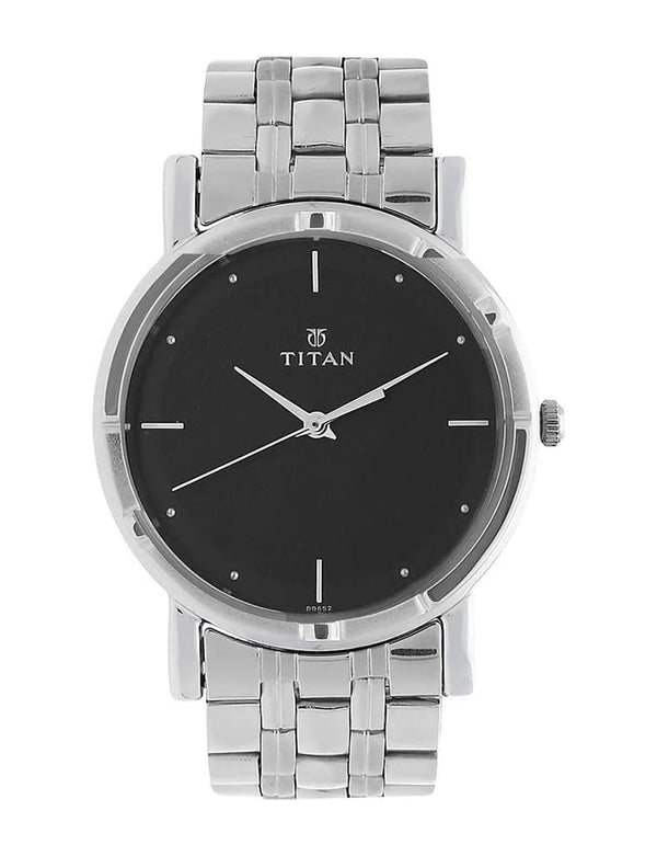 Titan Men's Analog Watch – Black Dial with Stainless Steel Silver Strap | Minimalist Premium Design